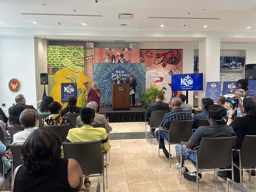 Mayor Cantrell at the podium at the K20 Press Conference